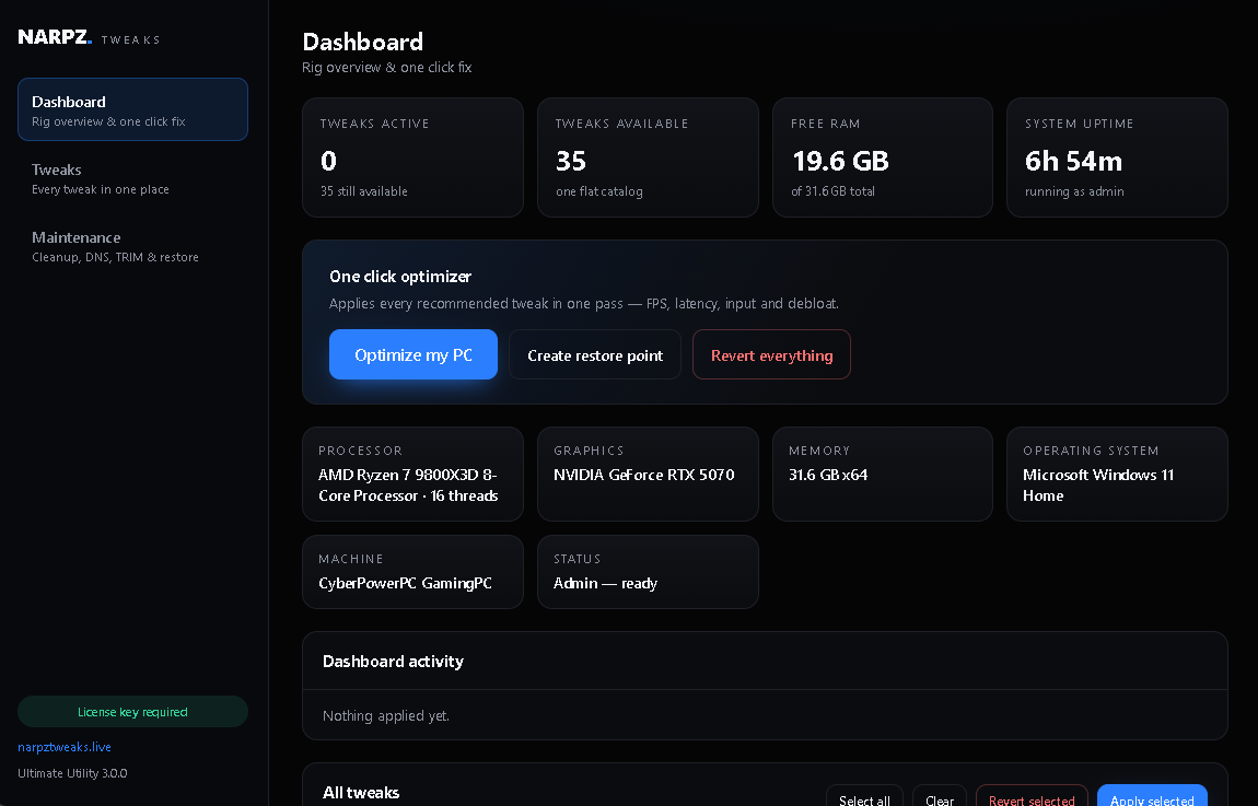 NARPZ Tweaks app dashboard showing tweaks active, one click optimizer and system specs